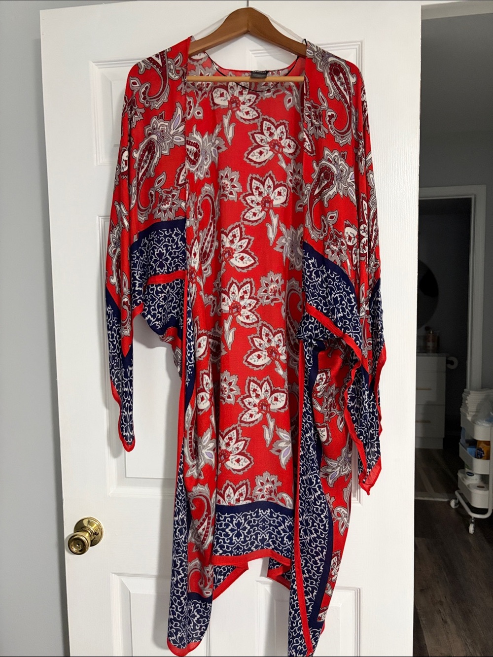 Express Red Floral Kimono with Navy Trim